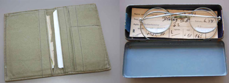 Portefeuille en tissu d’uniforme confectionné dans le camp de prisonniers par Serge et ses lunettes réalisées par un opticien allemand